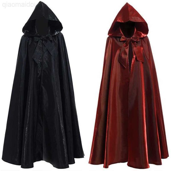 Traje temático 2023 Fiesta de Halloween Cosplay Mujer Hombre Adulto Héroe largo Brujería Túnica Capucha Capa Cosplay Satén Rojo Capa medieval L230804