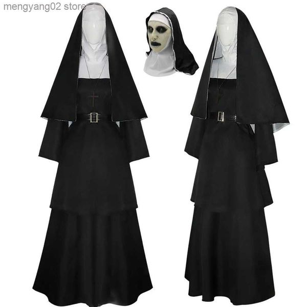 Traje temático 2023 Película de terror La monja 2 Cosplay Ven Hermana Irene Reverendo Pastor negro Vestido Máscara Halloween Día Fantasma Fantasía Conjuntos de lujo T231013