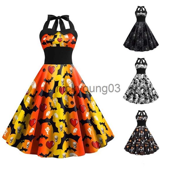 Traje temático 2023 Nuevos disfraces retro Vestidos de Halloween para mujeres Swing Robe Skull Pumpkin Print Sexy Halter Rave Vestidos de fiesta Vestido femenino x1010