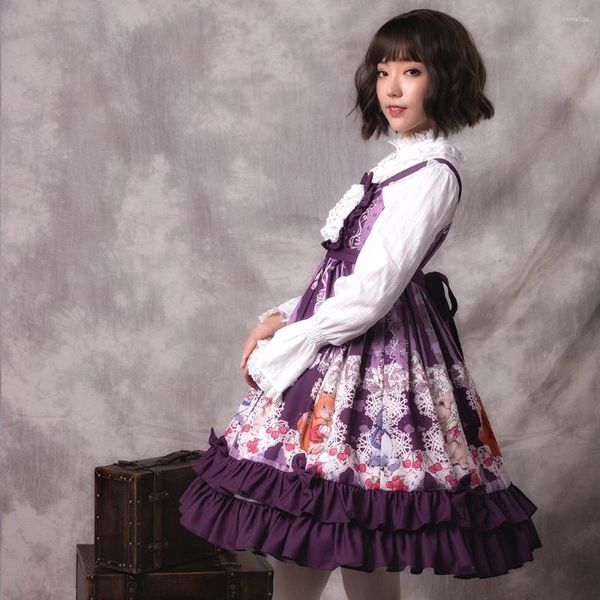 Costume à thème pour femmes, violet, sans manches, imprimé, nœud papillon, mignon, doux, robe Lolita, année Lotus et ensemble T-shirt, 2023