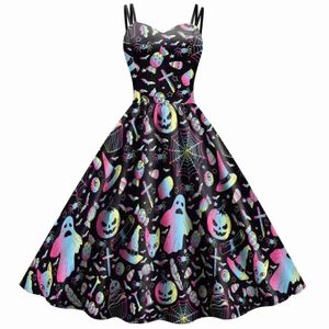 Disfraz temático 2023 Robe Scarey Disfraces de Halloween Mujeres Vestido de fiesta retro Estampado de calavera Fantasma Bruja Cosplay Sexy Sphagetti Strap Gothic Sundress x1010