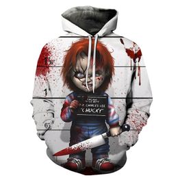 Traje de tema 3D Horror cosplay Ghost Doll Print Hoodie para hombres y mujeres Pareja Pullover Halloween Horror Street Cool Jacket