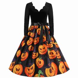 Themakostuum 3XL Goth Disfraz Halloween-kostuum Feestjurken Dames 2023 V-hals Lange mouw Pompoen Heksenprint Vintage Nachtmerrie Pinup Gewaad x1010