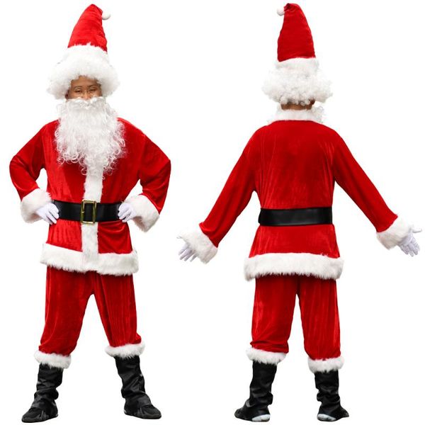 Traje temático 7 unids / lote Navidad Santa Claus Pelo largo Cosplay Fiesta de cumpleaños Vestido de lujo para adultos en traje de hombre 3XL-6XL