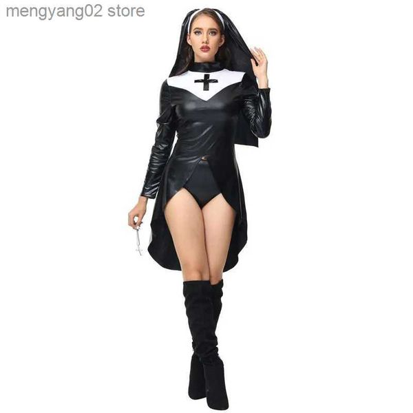 Thème Costume Aboutcos Femmes Saintlike Séductrice Venez Faux Cuir PVC Wetlook Nun Venez Halloween Cosplay Déguisements T231011