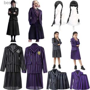 Disfraz temático Addams Miércoles Halloween Ven para niños Niñas Adultos Familia Fiesta de cumpleaños Nevermore Academy Uniforme Ropa Peluca de mano CosplayL231007