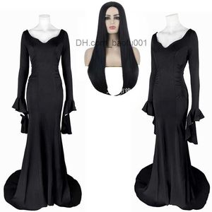 Tema Traje Addams Miércoles Morticia Addams juego de rol Halloween sexy vestido peluca mujeres adultas punk gótico bruja encaje delgado vestido Z230804