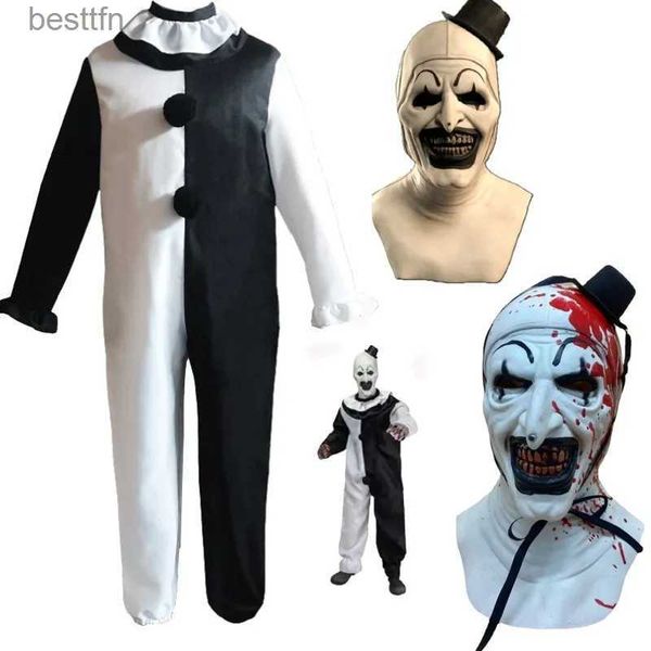 Thème Costume Adulte Clown Cosplay Halloween Venez avec Masque Terrifier Clown Robe Noir Blanc Combinaison Tenues pour Hommes Femmes Carnaval PartyL231007