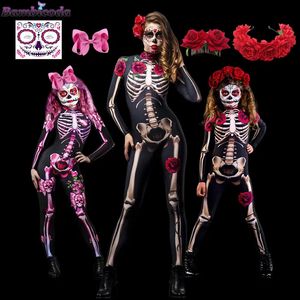 Themakostuum Volwassen Sexy Vrouwen Eng Spookkostuum Rose Skeleton Halloween Sexy Duivel Jumpsuit Kinderen Baby Meisje Carnaval Feest Dag van de Doden 231013