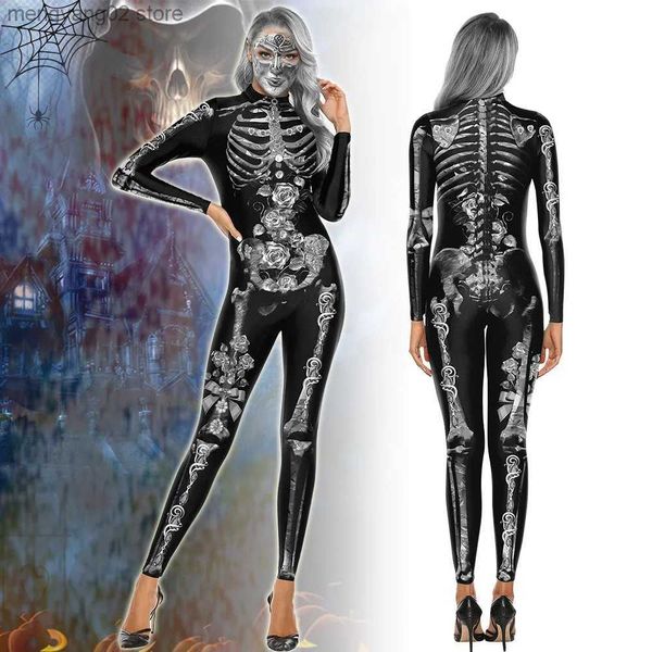 Thème Costume Adulte Squelette Imprimer Halloween Cosplay Venez Femmes Fantôme Combinaison Carnaval Fête Performance Effrayant Body T231011