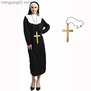 Themakostuum Volwassen Dames Klassiek Nun Fancy Dress Halloween Kom Nonnen Religieuze gewoonte met zwarte non-sluier en riem aankleden T231011