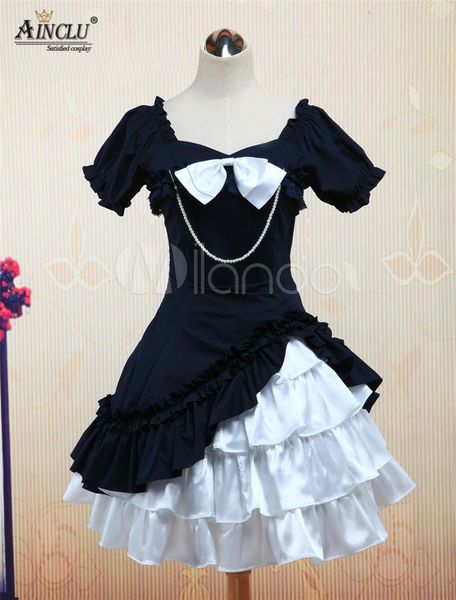 Costume à thème Ainclu Liquidation !! Coton Applique Classique Lolita Une Pièce Robe Manches Courtes Perle Corde Arc Couches Dentelle Volants