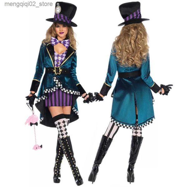 Costume à thème Alice au pays des merveilles Clown Mad Hatter Come pour adultes femmes Tailcoat veste magicien Cosplay Halloween carnaval robe magique Q240307