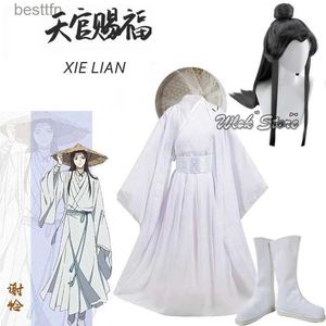 Themakostuum Anime Xie Lian Cosplay Come Tian Guan Ci Fu Cosplay Xielian Pruiken Bamboe Hoed Prop Wit Han Fu Outfit Schoenen Voor Vrouwen Mannen CosL231013