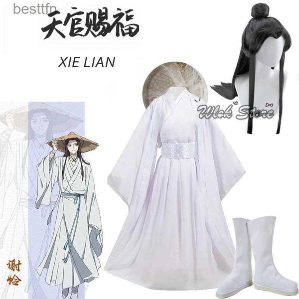 Thème Costume Anime Xie Lian Cosplay Come Tian Guan Ci Fu Cosplay Xielian perruques bambou chapeau accessoire blanc Han Fu tenue chaussures pour femmes hommes CosL231013