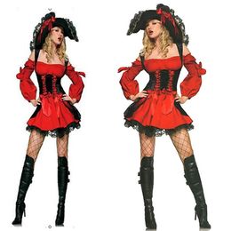 Traje de tema Llegada Sexy Adulto Rojo Halloween Pirata Bruja Cosplay Fantasias Vestido para mujeres Uniformes de Navidad Tallas grandes XL 220914