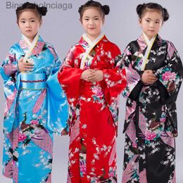 Thème Costume Asiatique Enfants Japonais Kimono Peignoir Robe Japon Style Paon Yukata Robe Obi Vintage Haori Halloween Cosplay ComeL231013