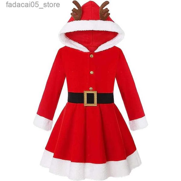 Traje temático Baby Girls Christmas Elk con capucha Viene Red Santa Claus Vestido de princesa de manga larga con capucha Trajes de Navidad Q240130