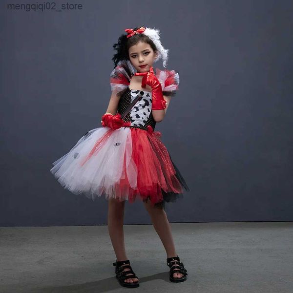 Disfraz temático Baby Girls Cruella Deville Tutu Vestido para 101 Dálmatas Villano Halloween Vienen Niños Vintage Lunares Cosplay Vestidos de lujo Q240307