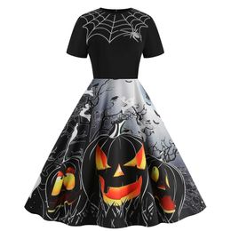 Costume à thème Noir Goth Femmes Costumes d'Halloween Robes de soirée rétro 2023 Automne Robe Swing Manches courtes Citrouille Crâne Imprimer Cosplay Vêtements x1010