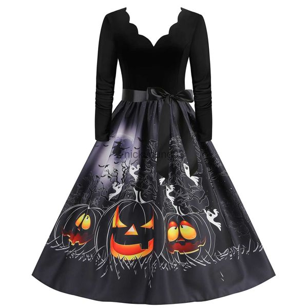 Traje temático Disfraces de Halloween góticos negros Vestidos de fiesta para mujeres 2023 Nueva manga larga Scary Cosplay Pesadilla Pinup Imprimir Vestidos S-3XL x1010