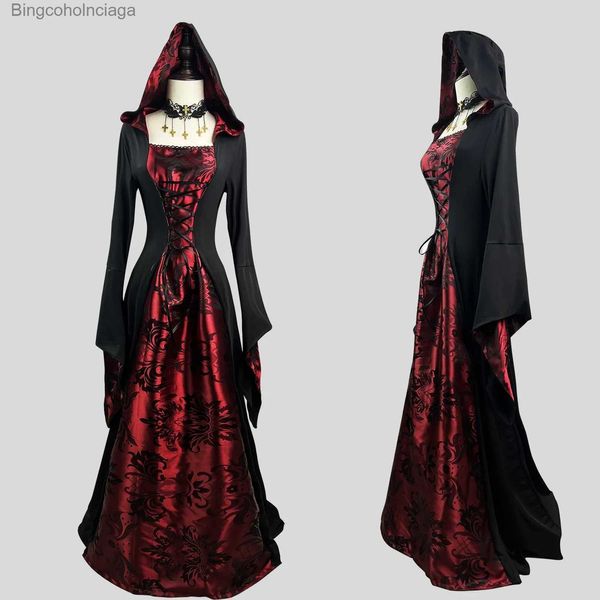 Traje temático Negro Rojo Túnica larga Halloween Carnaval Fiesta Cosplay Capa Vampiro Juego de rol Come Ball Wizards Mujeres con capucha Collar cuadrado L231013