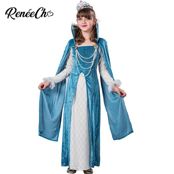 Thème Costume Enfant Perle Princesse Cosplay Sarcelle Médiévale Pour Les Filles Halloween Enfants Longue Robe Bleue Anniversaire