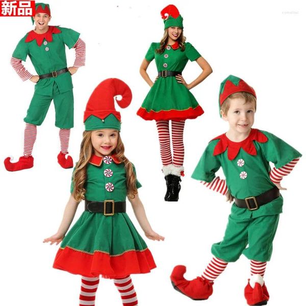 Costume de thème de noël Cosplay père noël pour enfants, ensemble de fête pour hommes et femmes adultes, robe verte, cadeau