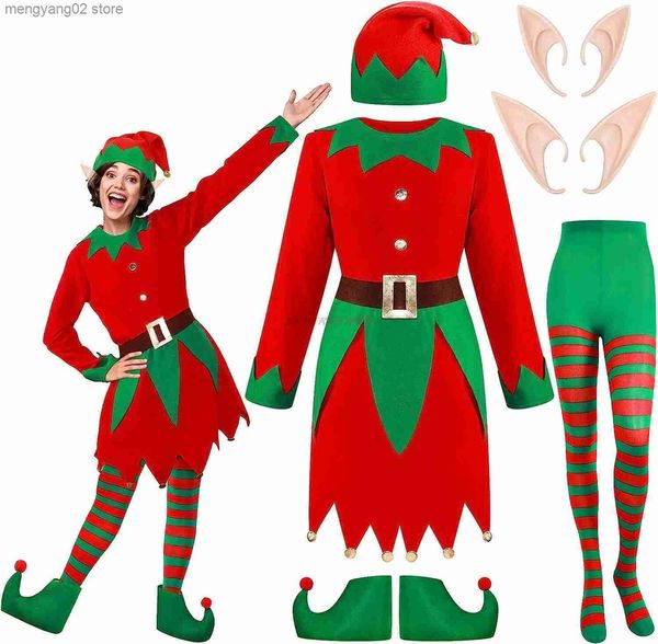 Traje de tema Elfo de Navidad Mujer Chica Viene Vestido de manga larga y cinturón Sombrero Zapatos Medias a rayas Fiesta Juego de rol Cosplay Dropshipping T231013