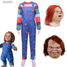 Themakostuum Chucky Cosplay Kom Halloween Kid COS Outfit Enge Kinderen Jumpsuits Horror Spook Poppenkleertjes Carnaval Feest met Masker PruikL231013