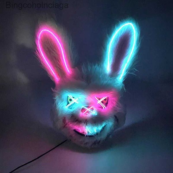 Thème Costume Cosplay Glowing Bloody Lapin En Peluche Lapin Masque Néon LED Couvre-chef Halloween Horreur Ours Masque Décoratif Performance PropL231008