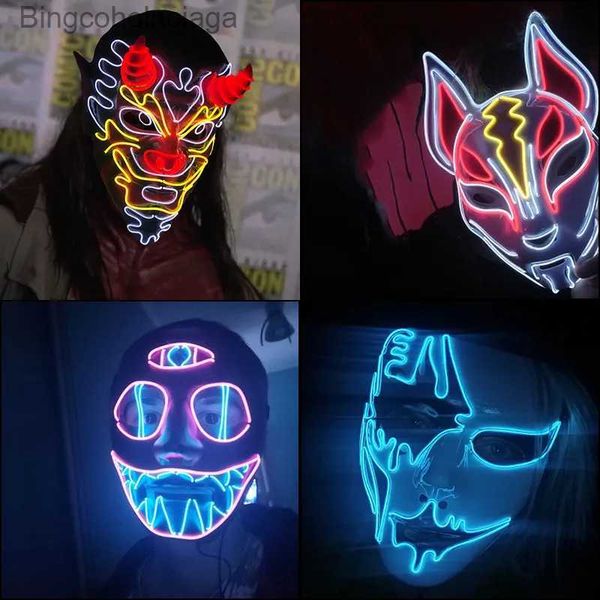 Disfraz temático Cosplay Máscara de fiesta de Halloween Luminosa iluminada Máscara LED EL Neón Máscara de anime brillante Máscaras de disfraces Máscara de carnaval de terror L231008