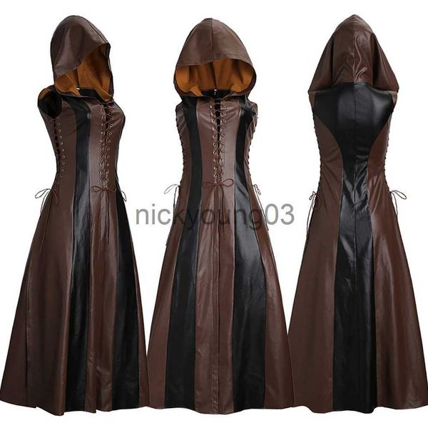 Disfraz de tema Cosplay Medieval Assassins Creed Disfraz Moda Sexy Slim Lace Up Vestido largo de cuero Abrigos para adultos Halloween Mujeres Disfraz Mujer x1010