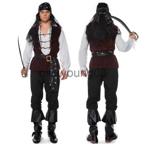 Disfraz temático Cosplay Disfraces de piratas para hombres Deluxe Skull Halloween Carnival Dress Up Party Adulto Capitán Cosplay Ropa Disfraz Hombre x1010