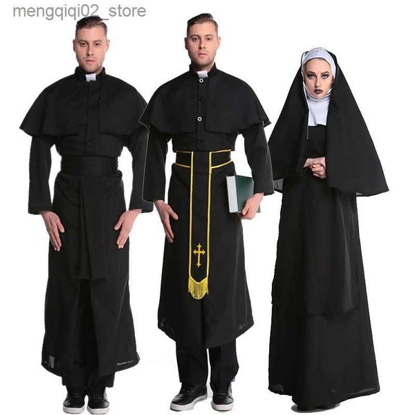 Thème Costume Couple Prêtre Nonne Habitude Venez Traditionnel Médiéval Religieux Tenue Cosplay Déguisement Robe Carnaval Halloween Q240307