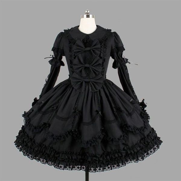 Costume à thème personnalisé classique en coton noir, robes Lolita à manches longues avec couches amovibles, Costume de Cosplay pour fille 312O