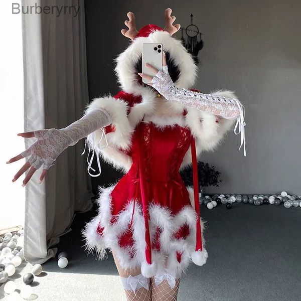 Thème Costume Mignon Noël Père Noël Renne À Capuchon Shl Tenues De Noël Lolita Fourrure Rouge Robe Sans Bretelles Lapin Fille Maid Cosplay ComesL231010