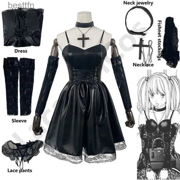 Thème Costume Death Note Cosplay Come Misa Amane Imitation Cuir Robe Sexy + Bijoux de cou + bas + collier Uniforme Tenue Halloween WigL231007
