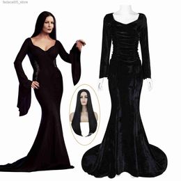 Themakostuum Disfraz de Cosplay de Morticia para mujer peuca negra Sexy ajustada vestido de noche de fiesta para Halloween en Carnaval Cos Q240130