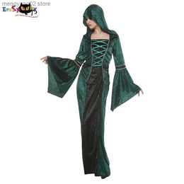 Costume à thème Eraspooky Medieval Women Wizard Come Emerald Green Witch Cosplay Tenues Halloween Victoria Goddess Robe à capuche pour le carnaval T231011