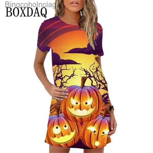 Disfraz temático Moda Calabaza Impresión digital Vestido casual para mujer Divertido Lindo Gato 3D Manga corta O-cuello Mini vestido suelto Mujer Halloween ComesL231013