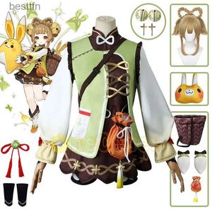 Thème Costume Jeu Genshin Impact Yaoyao Cosplay Venez Perruque Tresse Robe De Cheveux Uniforme Panier Lapin En Peluche Poupée Coiffe Cos Costume Enfants AdultesL231013