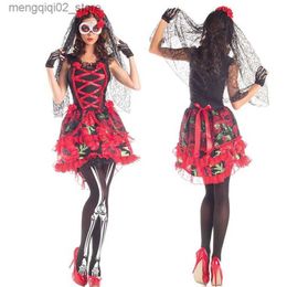 Disfraz temático Fantasma Novia Cráneo Esqueleto Cosplay Ven Horror Flores rojas Vestido Día mexicano de los muertos Traje Carnaval Fiesta de Halloween Q231010