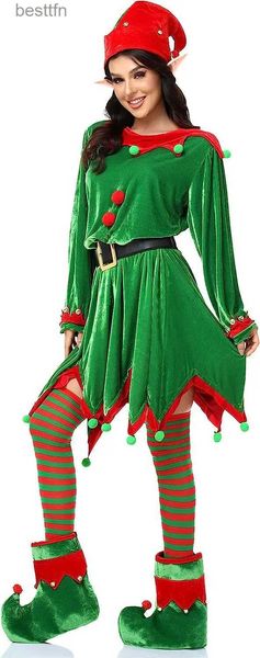 Costume à thème pour filles et femmes, ensemble d'elfe de noël comprenant des ceintures, chapeau d'elfe, bas rayés, chaussures de père noël, DressL231013