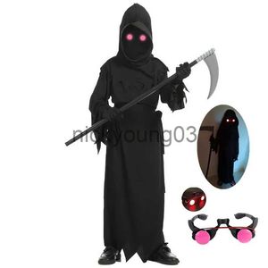 Themakostuum Gloeiende rode ogen Halloween Horrorkostuum Grim Reaper-kostuum voor jongens Kinderen Cosplaykostuum met zeis x1010