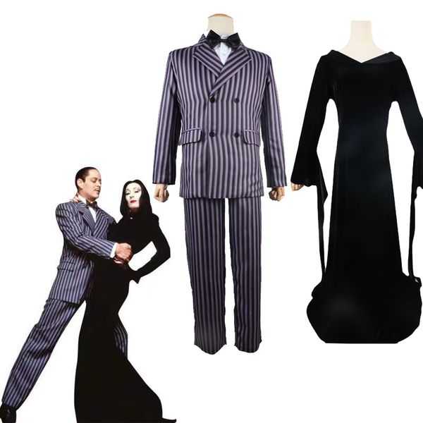 Traje temático Gomez Addams Cosplay Anime Morticia Vestido Halloween Carnaval Traje Adulto Niño Abrigo Camisa Pantalón Traje Traje Fiesta Uniforme 230909