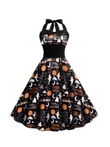 Themakostuum goth Halloween enge kostuums voor vrouwen vintage jurk 2023 sexy halter heks cosplay feestjurken schedel print disfraz mujer 230829