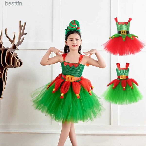 Costume à thème Elfe de Noël vert Cosplay livré pour les enfants Filles Robe Tutu de fête de Noël Festival pour enfants Elfe Père Noël Venez DisfrazL231013