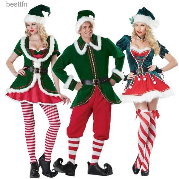 Costume à thème Elf vert filles Halloween Noël Venez hommes Cos Vêtements du Père Noël Robe de soirée Pantalon / Robe + Hauts + Chapeau + Ceinture pour adultes L231013