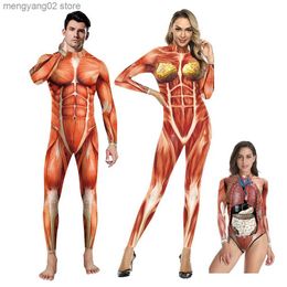 Thème Costume Halloween 3D Party Muscle Imprimé Combinaison Élastique Anatomie Humaine Body Body Cosplay Venez Catsuit T231011